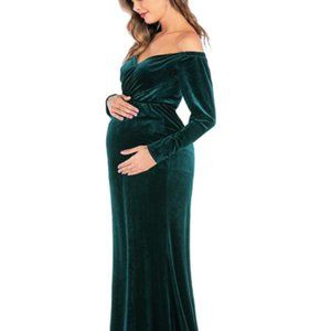 Velvet Maternity Off Shoulder Half Circle Fitted Gown Maxi Photography Dress - M